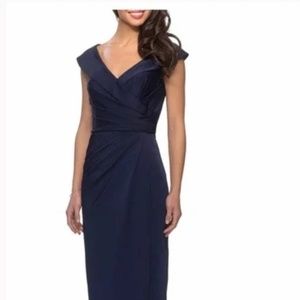 La Femme surplice off the shoulder column gown